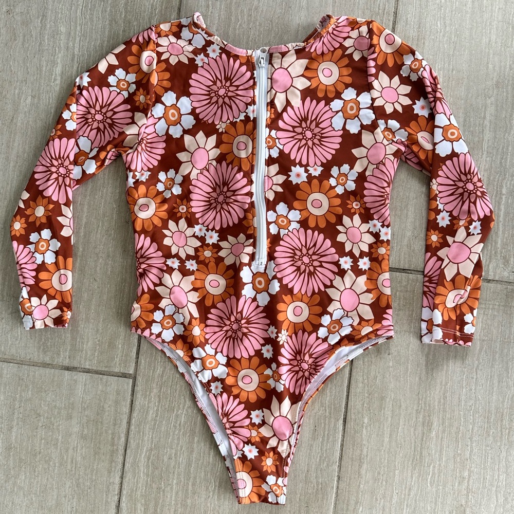 floral long sleeve bathing suit with zipper front ! vintage style flowers